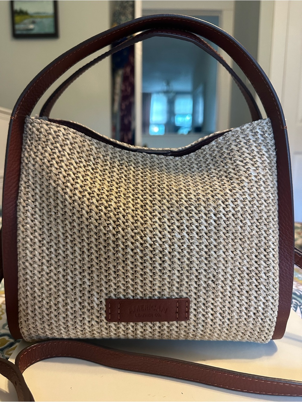 American Leather Co. Triple Entry Raffia & Leather Satchel Handbag Purse - Picture 2 of 9